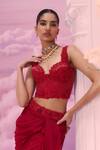 Label Ankush Jain_Red Tulle Embroidery Dori Poo Bloom Corset Blouse And Draped Sharara Pant Set _at_Aza_Fashions