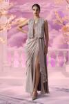 Buy_Label Ankush Jain_Grey Organza Embroidery Dori Open French Flora Incut Jacket With Draped Gown _at_Aza_Fashions