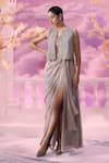 Buy_Label Ankush Jain_Grey Organza Embroidery Dori Open French Flora Incut Jacket With Draped Gown _Online_at_Aza_Fashions