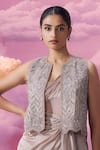 Shop_Label Ankush Jain_Grey Organza Embroidery Dori Open French Flora Incut Jacket With Draped Gown _Online_at_Aza_Fashions