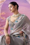 Label Ankush Jain_Grey Saree Pure Zari Tissue Blouse Raw Lotus Bahar Cutwork Border With _at_Aza_Fashions