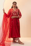 Buy_Svastih_Red Anarkali Cotton Silk Embroidery Floral V Neck Hina Pant Set _at_Aza_Fashions