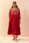 Buy_Svastih_Red Anarkali Cotton Silk Embroidery Floral V Neck Hina Pant Set _Online_at_Aza_Fashions