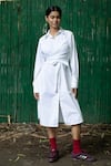 Buy_Doodlage_White Poplin Threadwork Shirt Collar Button Down Wrap Around Dress _at_Aza_Fashions