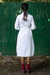 Shop_Doodlage_White Poplin Threadwork Shirt Collar Button Down Wrap Around Dress _at_Aza_Fashions