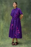 Shop_Doodlage_Purple Cotton Silk Embroidered Floral Shirt Collar Dress _Online_at_Aza_Fashions