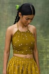 Doodlage_Green Upcycled Cotton Tie-dye Bandhini Halter Neck Pattern Top With Tiered Skirt _Online_at_Aza_Fashions