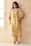 Buy_Seams Pret And Couture_Yellow Georgette Embroidered Thread V Neck Fauzia Kurta With Pant _at_Aza_Fashions