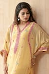 Seams Pret And Couture_Yellow Georgette Embroidered Thread V Neck Fauzia Kurta With Pant _Online_at_Aza_Fashions