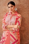 Shop_Seams Pret And Couture_Pink Georgette Printed Abstract Collared Inara Asymmetric Tunic With Pant _Online_at_Aza_Fashions