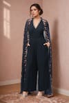 Buy_Rajat K Tangri_Black Print Floral V Neck Cape Attached Jumpsuit _at_Aza_Fashions