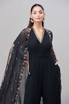 Rajat K Tangri_Black Print Floral V Neck Cape Attached Jumpsuit _Online_at_Aza_Fashions