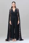 Buy_Rajat K Tangri_Black Print Floral V Neck Cape Attached Jumpsuit _Online_at_Aza_Fashions