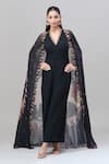 Rajat K Tangri_Black Print Floral V Neck Cape Attached Jumpsuit _at_Aza_Fashions