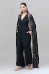 Buy_Rajat K Tangri_Black Print Floral V Neck Cape Attached Jumpsuit 