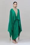 Anand Kabra Emerald Green Embroidery Zardozi Round High Neck Scallop Kaftan Set at Aza Fashions Anand Kabra_Emerald Green Embroidery Zardozi Round High Neck Scallop Kaftan Set_at_Aza_Fashions