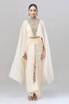 Shop Anand Kabra Beige Silk Zari, Embroidery Round Neck Scallop Cutwork Cape Top And Skirt Set Online at Aza Fashions Shop_Anand Kabra_Beige Silk Zari, Embroidery Round Neck Scallop Cutwork Cape Top And Skirt Set_Online_at_Aza_Fashions