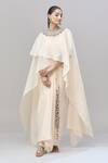 Buy_Anand Kabra_Beige Cotton, Silk Embroidery Round Neck Floral Patchwork Cape And Skirt Set