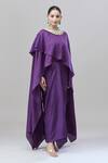 Buy_Anand Kabra_Purple Cotton Embroidery Round Neck Floral Cape Skirt Set