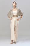 Shop Anand Kabra Beige Silk Zari, Embroidery Scoop Neck Zardozi Cape Set Shop_Anand Kabra_Beige Silk Zari, Embroidery Scoop Neck Zardozi Cape Set