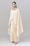 Shop_Anand Kabra_Beige Cotton Embroidery Round Neck Floral Patchwork Kaftan And Flared Pant Set_Online_at_Aza_Fashions