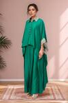 Buy_Anand Kabra_Emerald Green Satin Embroidery Floral Cutwork Cape Pant Set_at_Aza_Fashions