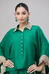 Buy_Anand Kabra_Emerald Green Satin Embroidery Floral Cutwork Cape Pant Set_Online_at_Aza_Fashions