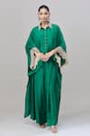 Buy_Anand Kabra_Emerald Green Satin Embroidery Floral Cutwork Cape Pant Set