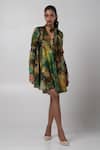 Advait_Green Linen Satin Print Verve Tie Up Collar Dress _Online_at_Aza_Fashions