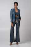 Buy_Advait_Blue Organza Tissue Jacquard Woven Zari Blazer Azul Stripe Flared Trouser Set _at_Aza_Fashions