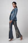 Advait_Blue Organza Tissue Jacquard Woven Zari Blazer Azul Stripe Flared Trouser Set _Online_at_Aza_Fashions