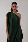 Advait_Green Linen Satin Solid One Shoulder Ori Dress _Online_at_Aza_Fashions