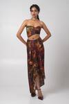 Advait_Brown Linen Satin Printed Abstract Crop Jacket Lapel Sepia Draped Skirt Set _Online_at_Aza_Fashions