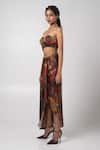 Buy_Advait_Brown Linen Satin Printed Abstract Crop Jacket Lapel Sepia Draped Skirt Set _Online_at_Aza_Fashions