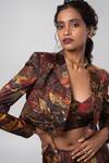 Shop_Advait_Brown Linen Satin Printed Abstract Crop Jacket Lapel Sepia Draped Skirt Set _Online_at_Aza_Fashions