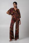 Buy_Advait_Brown Linen Satin Printed Abstract V-neck Sepia Kimono Top With Flared Trouser _at_Aza_Fashions