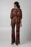 Shop_Advait_Brown Linen Satin Printed Abstract V-neck Sepia Kimono Top With Flared Trouser _at_Aza_Fashions