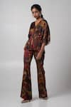 Advait_Brown Linen Satin Printed Abstract V-neck Sepia Kimono Top With Flared Trouser _Online_at_Aza_Fashions