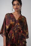 Buy_Advait_Brown Linen Satin Printed Abstract V-neck Sepia Kimono Top With Flared Trouser _Online_at_Aza_Fashions