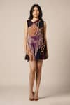 Advait_Purple Natural Crepe Print Abstract Geometric Asymmetric Neck River Short Dress _Online_at_Aza_Fashions