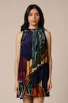 Advait_Blue Natural Crepe Print Abstract Round Collar Umi Pleated Dress _Online_at_Aza_Fashions