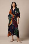 Buy_Advait_Blue Natural Crepe Print Abstract Collared Neck Umi Kimono Dress _at_Aza_Fashions