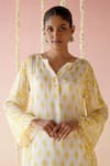 Buy_Nero India_Yellow Cupro Satin Print Floral Notched Neck Flower Butti Kurta With Pant _Online_at_Aza_Fashions