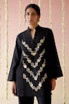 Shop_Nero India_Black Handloom Cotton Embroidery Floral V Collar Bloom Tunic With Pant _Online_at_Aza_Fashions