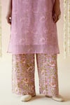 Nero India_Pink Kurta- Organza Print Floral V Neck Sheer And Pant Set _Online_at_Aza_Fashions