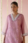 Buy_Nero India_Pink Kurta- Organza Print Floral V Neck Sheer And Pant Set _Online_at_Aza_Fashions