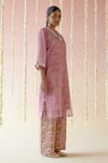 Shop_Nero India_Pink Kurta- Organza Print Floral V Neck Sheer And Pant Set _Online_at_Aza_Fashions