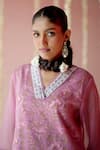 Nero India_Pink Kurta- Organza Print Floral V Neck Sheer And Pant Set _at_Aza_Fashions