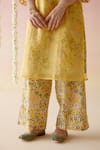 Buy_Nero India_Yellow Kurta- Organza Print Floral V Neck Sheer And Pant Set 