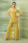 Buy_Seams Pret And Couture_Yellow Georgette Printed Thread Round Preet Peplum Tunic With Flared Pant _at_Aza_Fashions